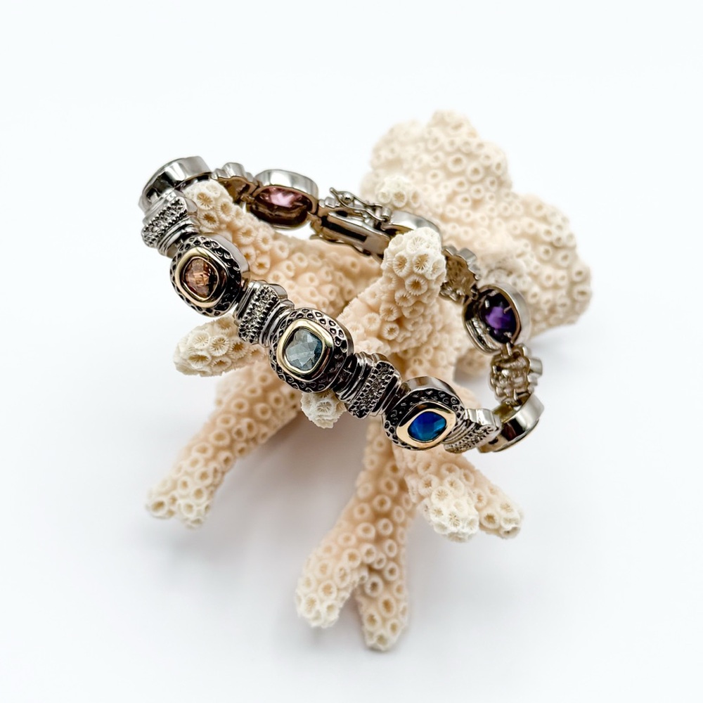 Elegant Vintage Two-Tone Metal and Faux Gemstone Link Bracelet